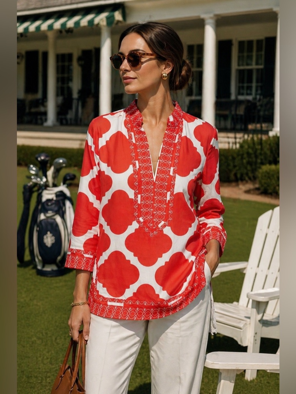Sheridan French Embellished red and blue Tunic size 2 preppy game day bold print